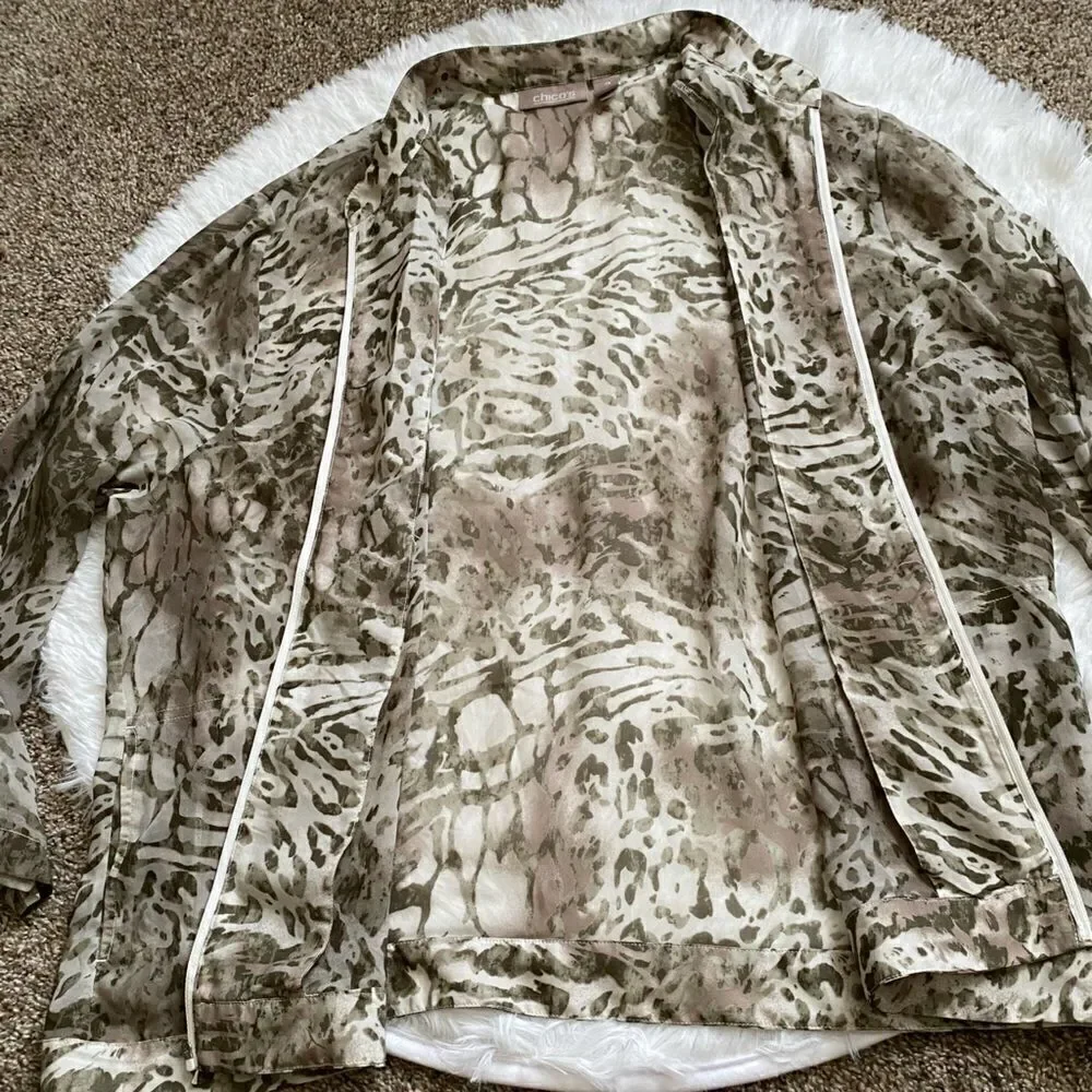 Chico’s Jacket Animal Print Sheer Zip Front Pockets Thin Lightweight‎ Size 3X